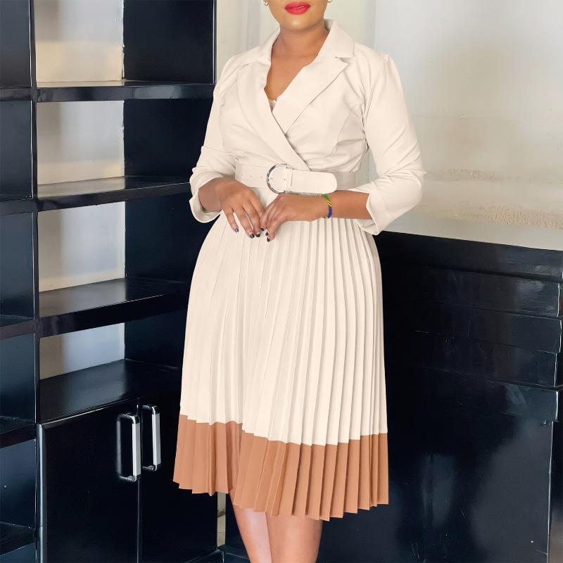 Women Elegant Color Block Turn Down Collar High Waist Pleated Office A Line Dress