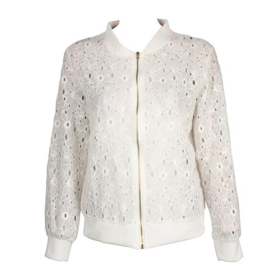 Women Coat Hollow Out Lace Stand Collar Zipper Closure Solid Color Elastic Cuff And