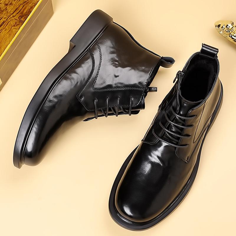 Autumn Winter Black Leather Boots Men High Top Fashion Casual Ankle Boots Male New Lace Designer Round Head Platform Shoes Man