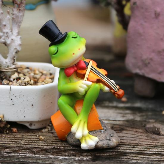 Small Plant Pot Decor Micro Landscape Ornament, Mini Frog Violin Playing Statue, Durable Resin Elegant Art Waterproof Hand-Painted Figurines,
