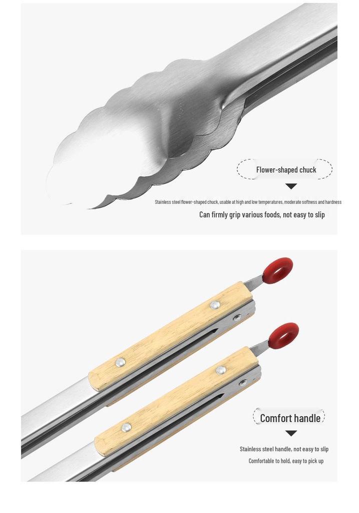Stainless Steel Wooden Handle Silicone Barbecue Tongs - Heat Resistant Bread & Food Tongs