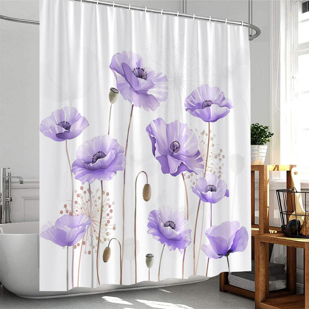 Watercolor Poppy Shower Curtain Floral Flowers Blue Red Green Plant Bathroom Decor Minmalist Polyester Bath Curtain With Hooks