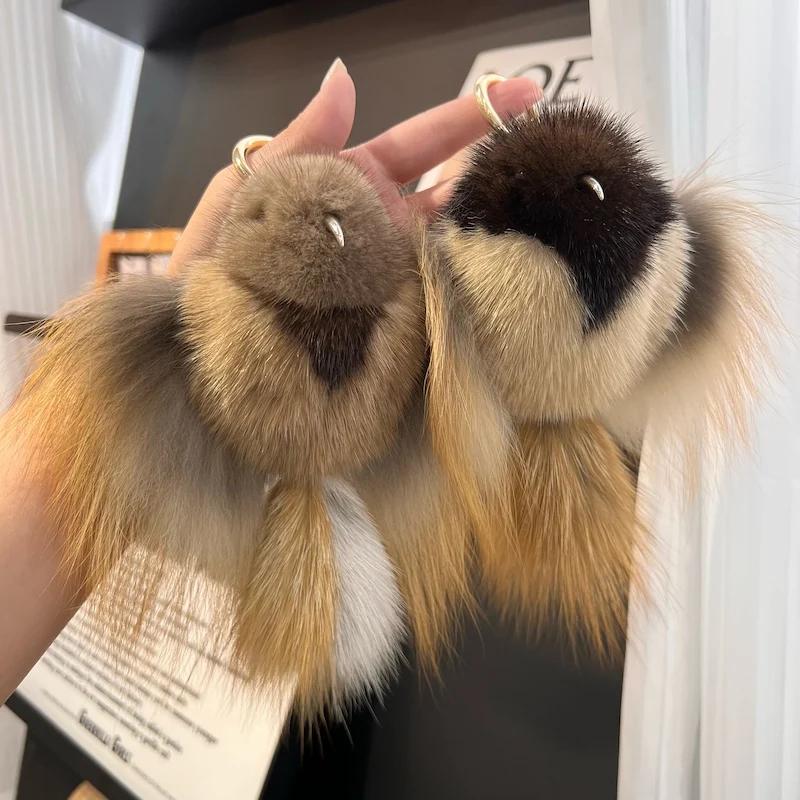 Hip Hop Nerzfell Schlüsselanhänger Herren Verkündigungs-Vogel Anhänger Schlüsselring Tasche Schlüssel Schmuckstück Echtes Fell Spielzeug Pompon Anhänger Geschenke Damen