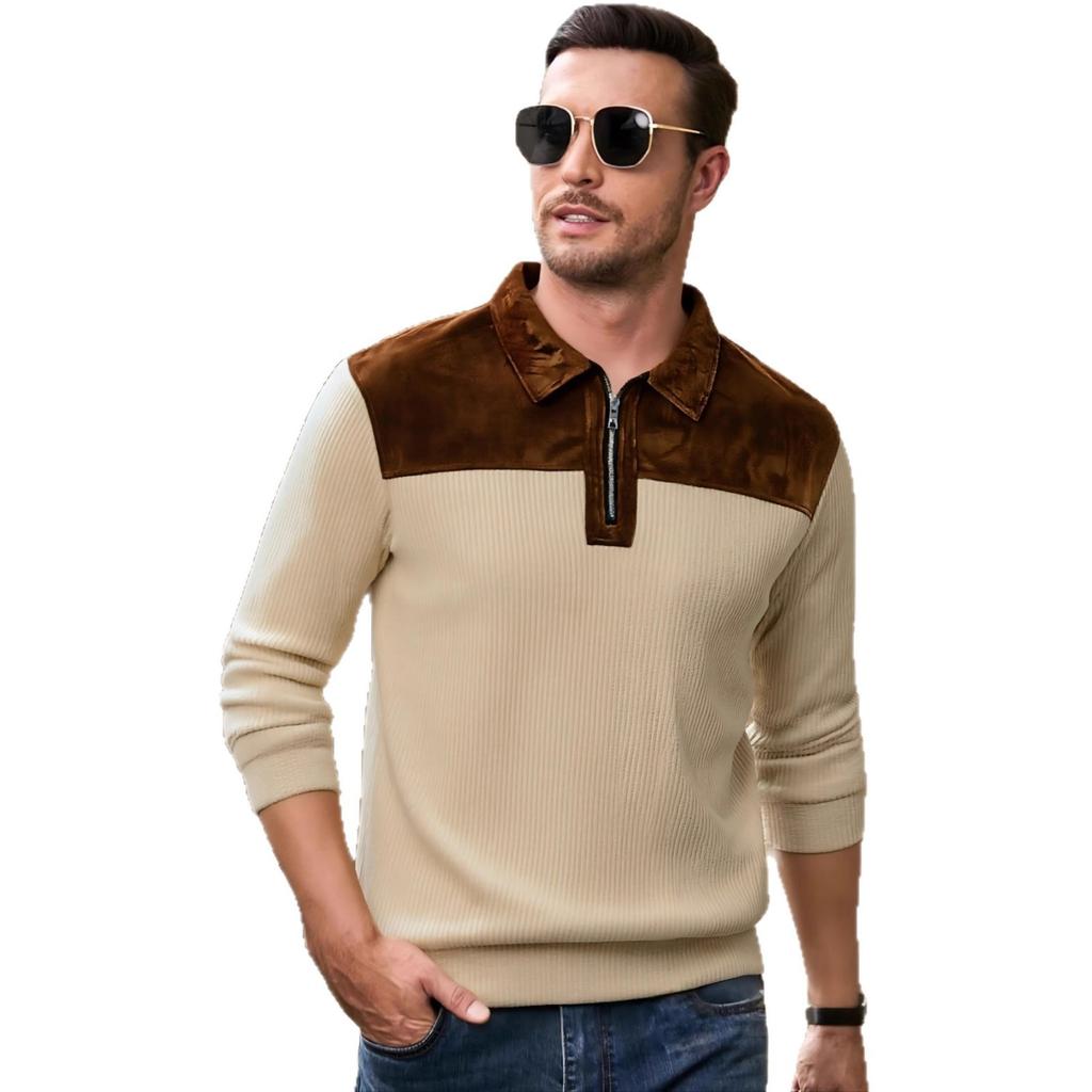 New Spring Autumn Casual Suede Polo Sweatshirt Men Stylish Knit Patchwork Textured Polo Shirts Mens Vintage Half-zip Lapel Jumper Tops