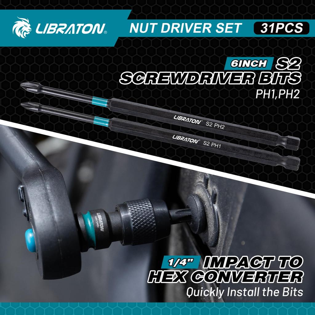 LIBRATON Zestaw bitów nasadowych 31 sztuk Nasadka udarowa Nasadka do wkrętarki udarowej Zestaw nasadek Nasadka z bitem sześciokątnym Długa nasadka Trzpień sześciokątny 6,35 mm