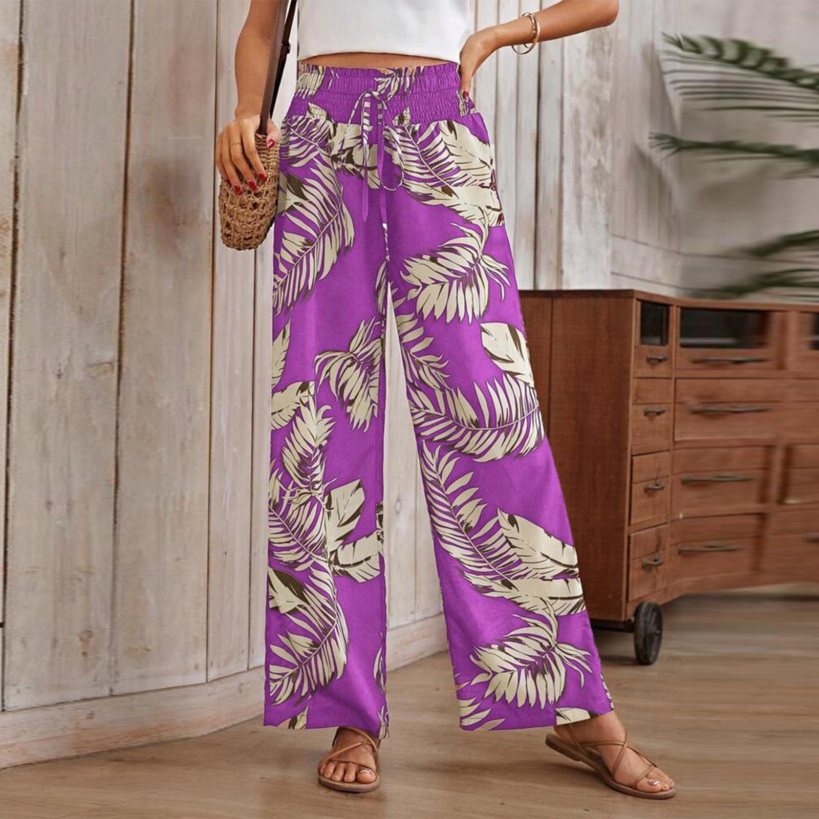 

Women s Printed Wide Leg Pants With Pockets High Waist Drawstring Loose Casual Pants S фіолетовий