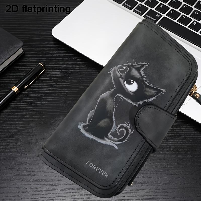 Women's Long Wallet Black Cat Design 3-Fold Card Holder with Multiple Pockets Printed Zipper Coin Purse for Cash ID Credit Cards Gift for Family