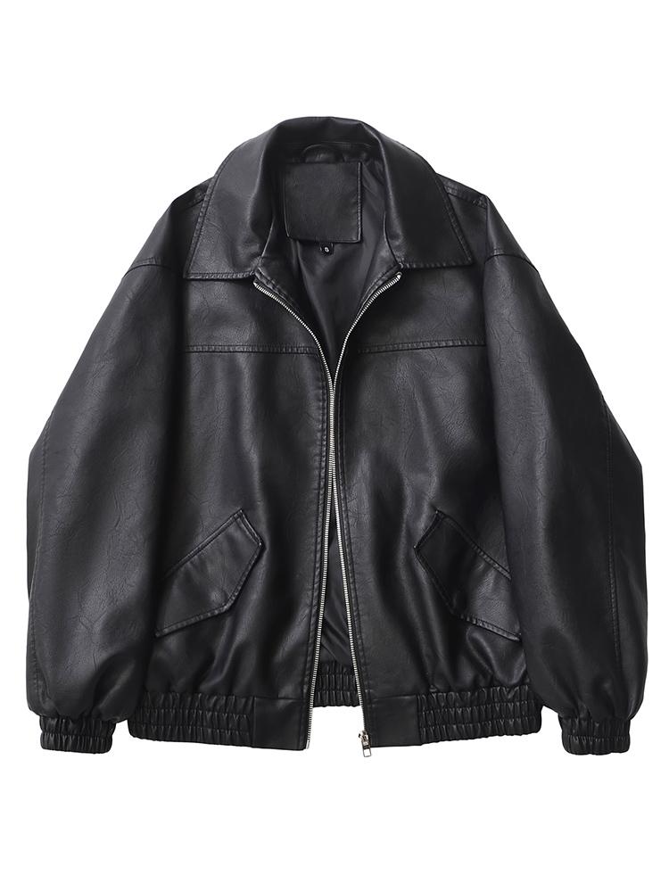 Ailegogo Streetwear Donna Retro Larga Corta PU Pelle Sintetica Giacca Primavera Autunno Donna Zip Cappotto Vintage Moto Biker Capospalla