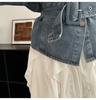 Women's Retro Denim Jacket: Lace-Up Waist, Collar, Long Sleeves, Short Loose Fit, Spring Style.