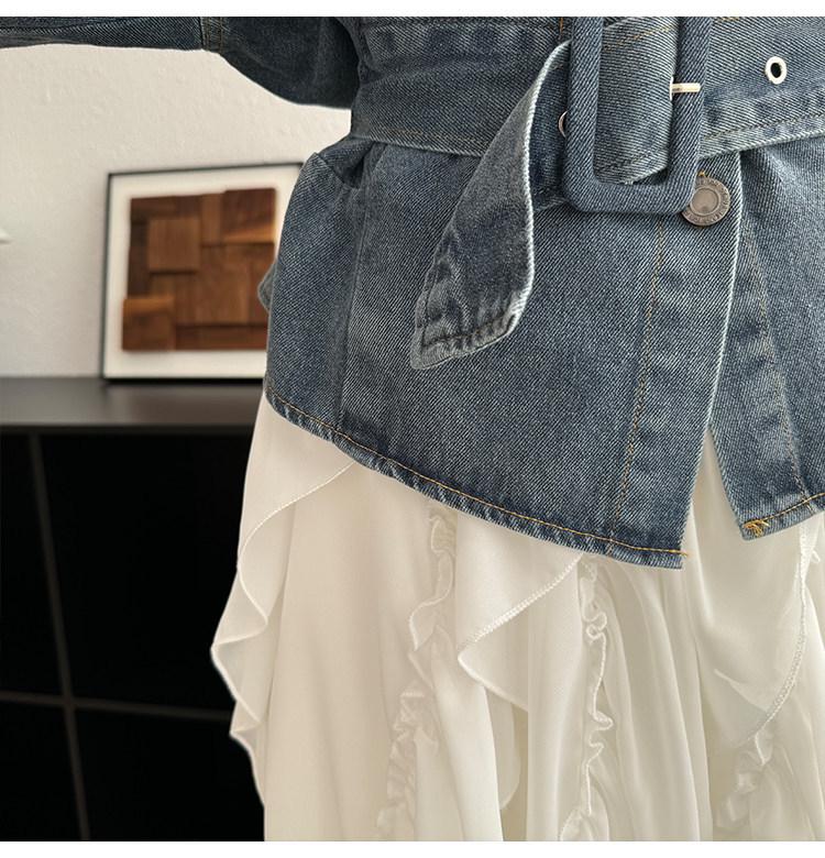 Women's Retro Denim Jacket: Lace-Up Waist, Collar, Long Sleeves, Short Loose Fit, Spring Style.