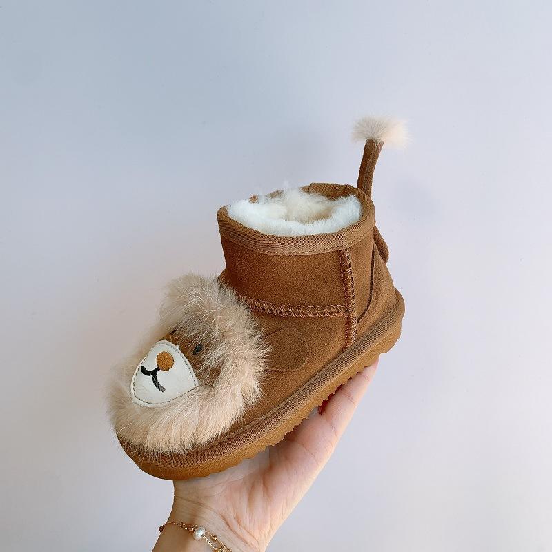 Genuine Leather and Fur Short Boots Little Lion Cartoon Snow Boots for Children Non-slip Warm Cotton Shoes