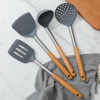 4pcs Kitchen Utensils Silicone Cooking Tool Sets Non-Stick Spatula Egg Shovel with Wooden Handle Noodle Strainer Soup Spoon
