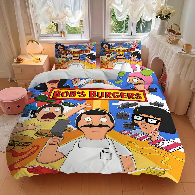 3-teiliges Bob's Burgers Familienabenteuer Bettwäsche-Set Bettbezug Kissenbezug Zuhause Weihnachts-Xmas Halloween Geschenk 1 Bettbezug 2 Kissenbezüge M929474