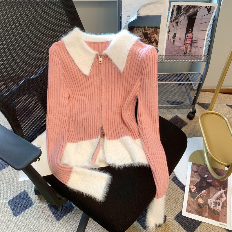 

Женский вязаный кардиган осень/зима тонкий трикотажный жакет на молнии укороченный трикотажный топ верхняя одежда L розовый