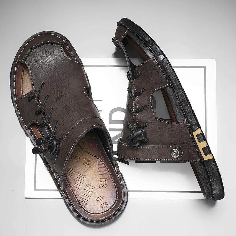 Fashion Summer Men Casual Leather Slippers Flip-flops Retro Wear Muller Half Drag Fashion Casual Beach Sandals Dual-Purpose Half Shoes