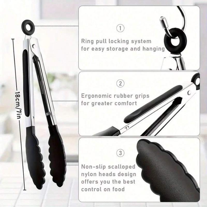 1pc Small Kitchen Tongs, Mini Food Tongs, Heat Resistant Nylon Tips Tongs For Cooking, Serving, BBQ, Grilling, Salad And More