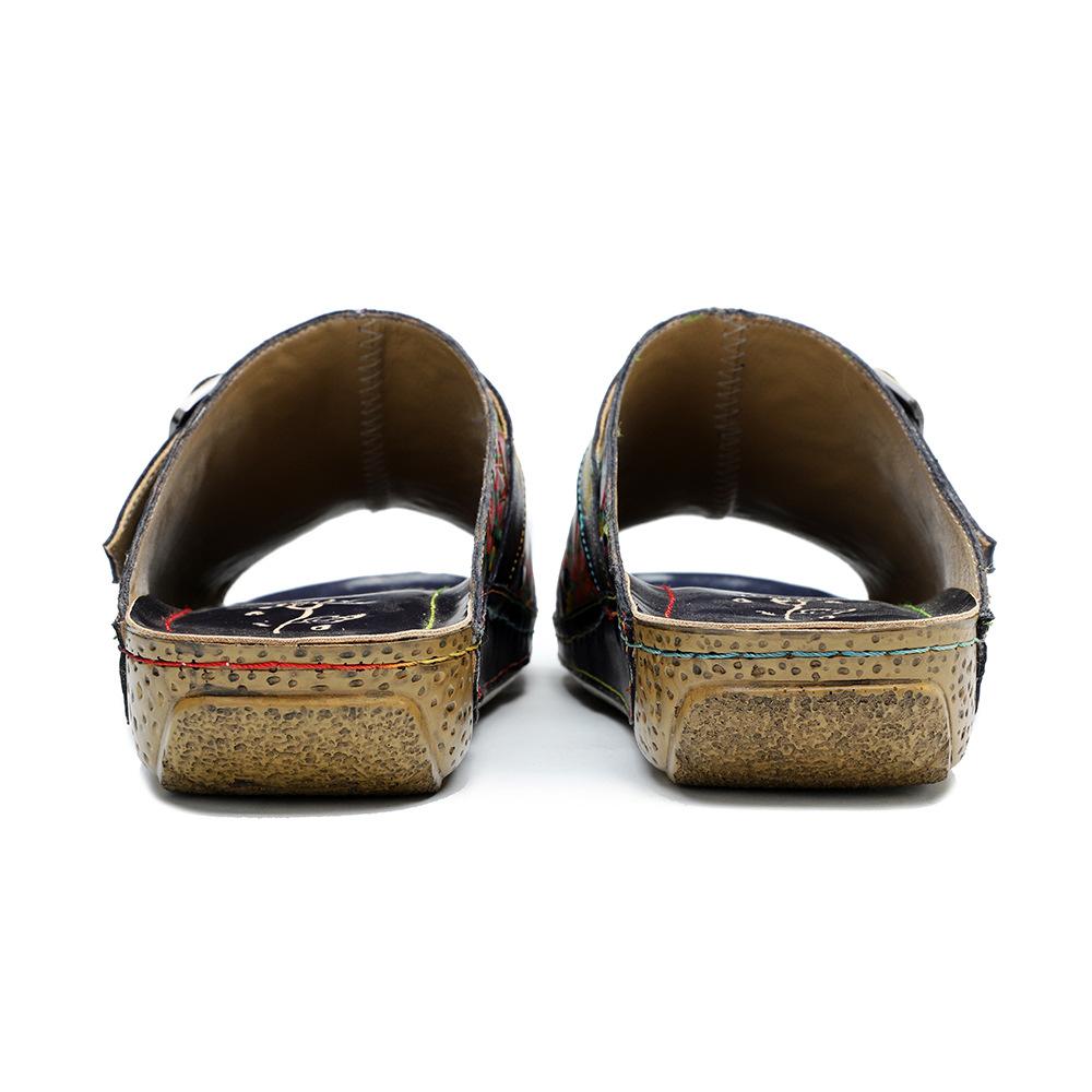 Johnature Chaussures d'été pour femmes, pantoufles d'extérieur en cuir véritable, sandales plates confortables rétro peintes à la main, nouvelle collection 2023