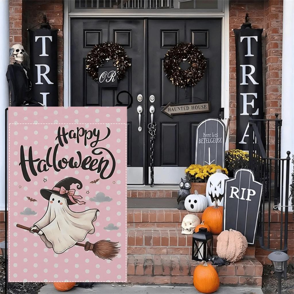 1pc Pink Happy Halloween Garden Flag Lovely Ghost Print Suitable for Halloween Yard Outside Decoration No Flag Pole 12X18 Inch