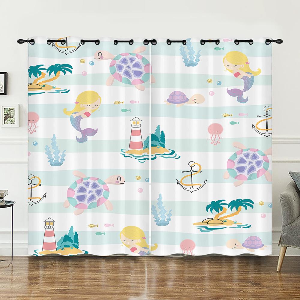Шторы Животное Русалка Океан Шторы Спальня Гостиная Блэкаут Штора Перфорированная 2pcs*97cm*114cm*2
