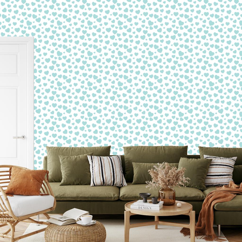 Hearts Wallpaper White and Celadon 50x1000