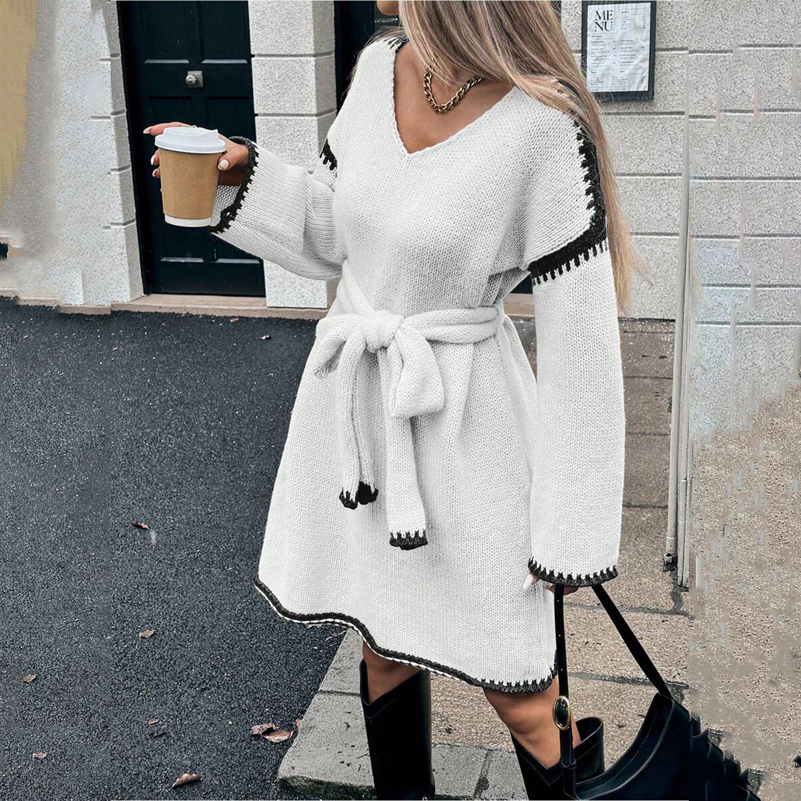 

Women s Relaxed Fashionable Tie-waist Loose Knit V-neck Midi Dress S білий