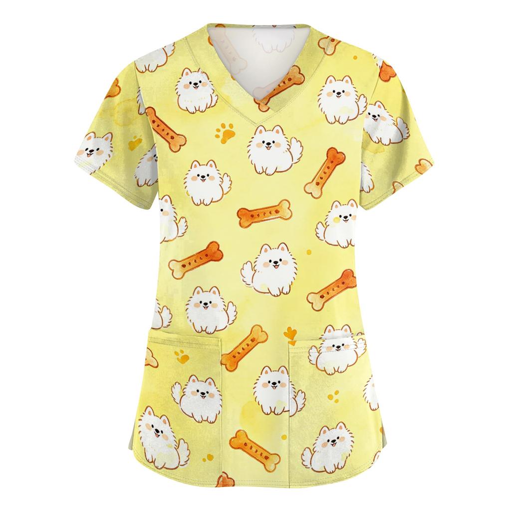 Womens V Neck Short Sleeve Work Shirt with Pockets Animal Print Top Medical Uniform Scrub Tee for Healthcare Professionals