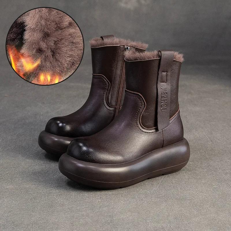 Johnature Retro Warm Side Zipper Thick Soled Women's Short Boots Genuine Leather Wool Snow Boots