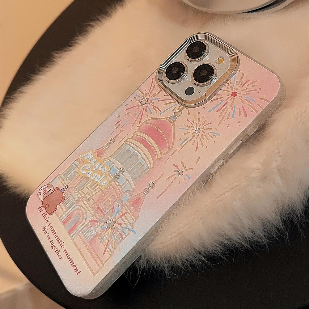 Girl Cartoon Firework Castle Suitable for IPhone15 Mobile Phone Case 13 Laser Apple 14 Promax Hair Ball Rope 16
