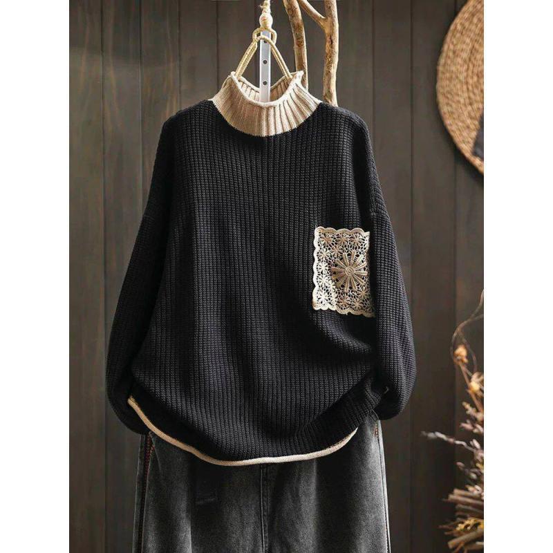 

Женский винтажный свободный свитер с круглым вырезом и заплатками, повседневный свитер с длинными рукавами в китайском стиле One size чёрный