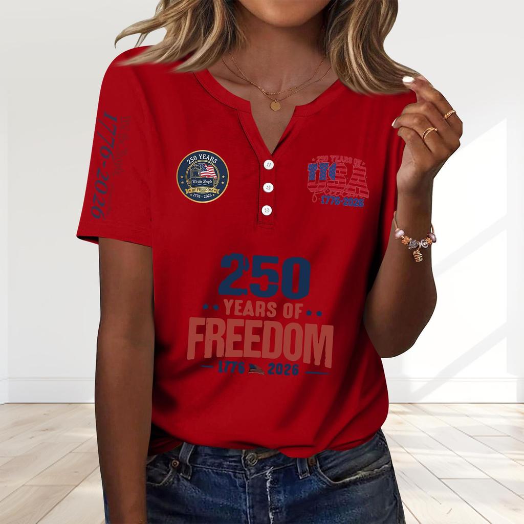 Women's Fashion Casual 250th Anniversary Independence Day Print V-Neck Short Sleeve Decorated Button-Up T-Shirt