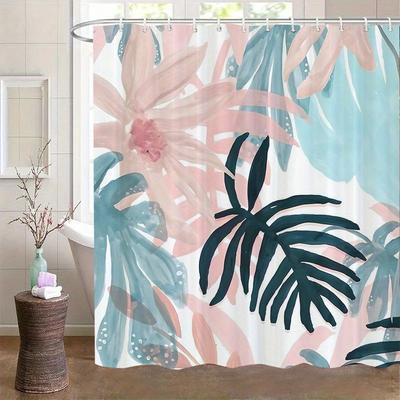 1 st duschdraperi med tropiskt blommönster, polyestermaterial, maskintvättbart, med krokar, lämpligt för badrumsinredning.