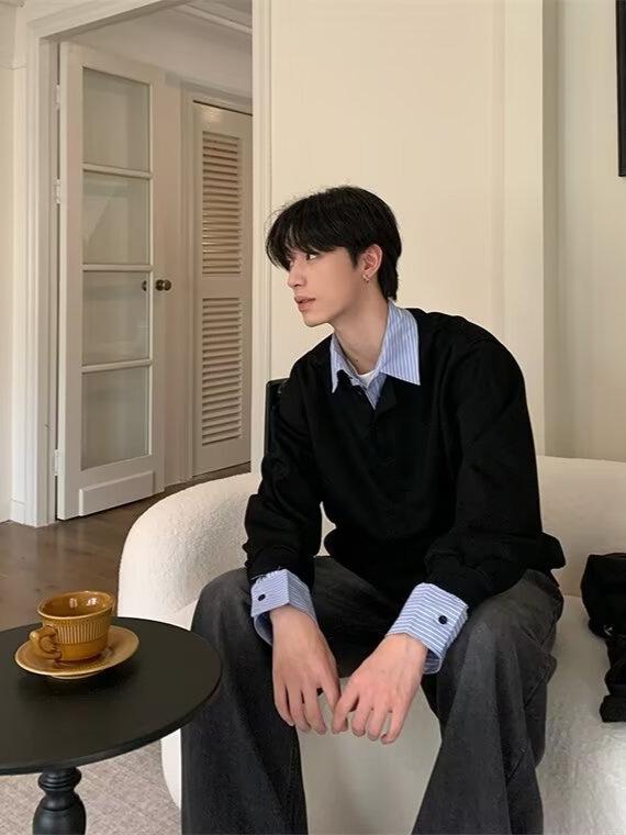 Men's Color-Block Polo Sweatshirt: Fake Two-Piece, Loose Fit, Long Sleeve, Lapel Design, Spring/Autumn Casual Versatile Top.