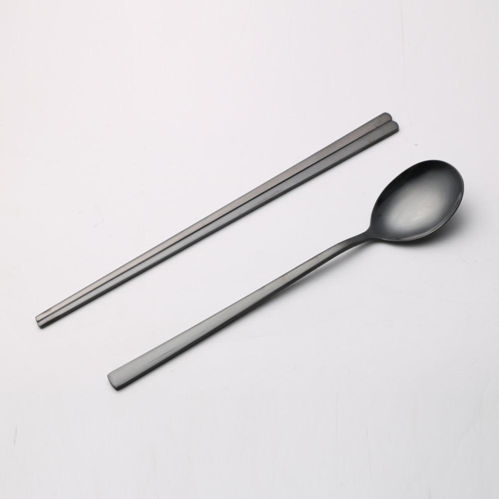 Korean Stainless Steel Spoon Chopstick Set, Restaurant Hotel Golden Spoon Solid Flat Chopsticks