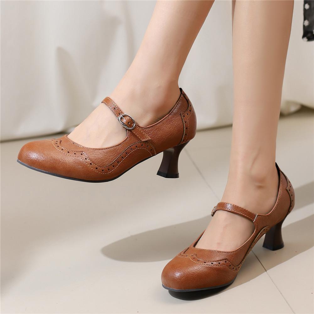Fashion 2025 Spring Vintage PU Leather Women's Shoes Rome Style Splice Pointed Toe Ankle Strap Buckle Ladies High Pumps Plus Size 32-48