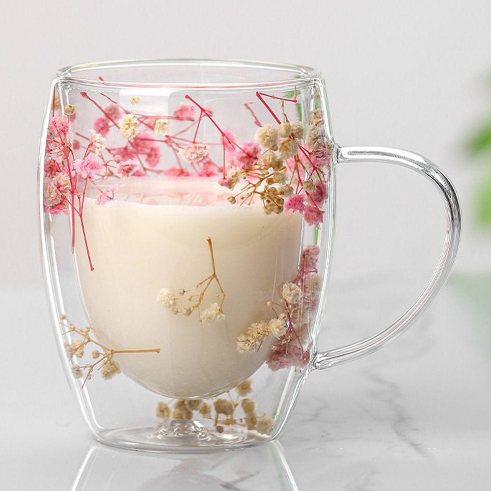 350ml Double Wall Glass Cup Heat Resistant Coffee Mug Elegant Dried Flowers Glass Mugs  Home&Office