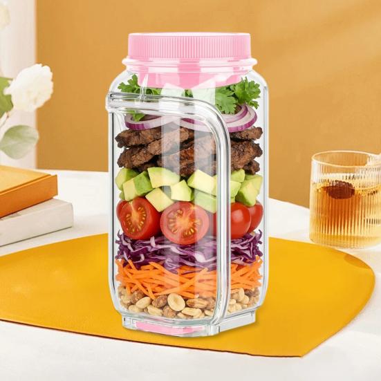 1/2Pcs Salad Storage Jar Food Grade Leakproof Clear Plastic Reusable Salad Jar Food Grade Salad Storage Container