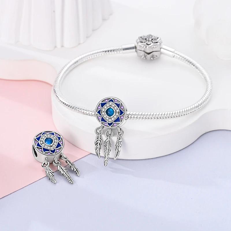 Charm Bead Charms Copper Plated Blue Flower Dreamcatcher, Feather Bead Charms Compatible With Authentic Ideal For Women Jewellery Do It Yourself Makin