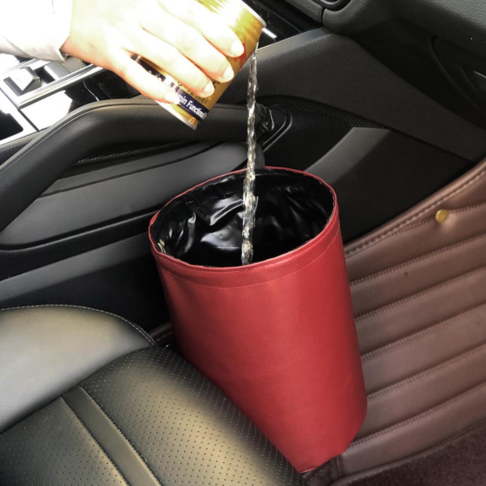Universal Car Trash Can Collapsible Double-Layer Leather Garage Bag Center Console Storage Bag Leak-proof Waterproof Organizer