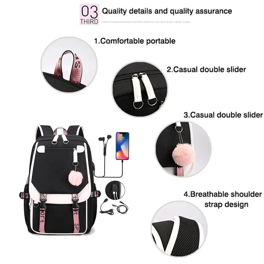 Korean K-POP Elements Pattern Backpack Fashion Casual High Quality USB Zipper Backpack K-POP Combination Pattern Backpacks