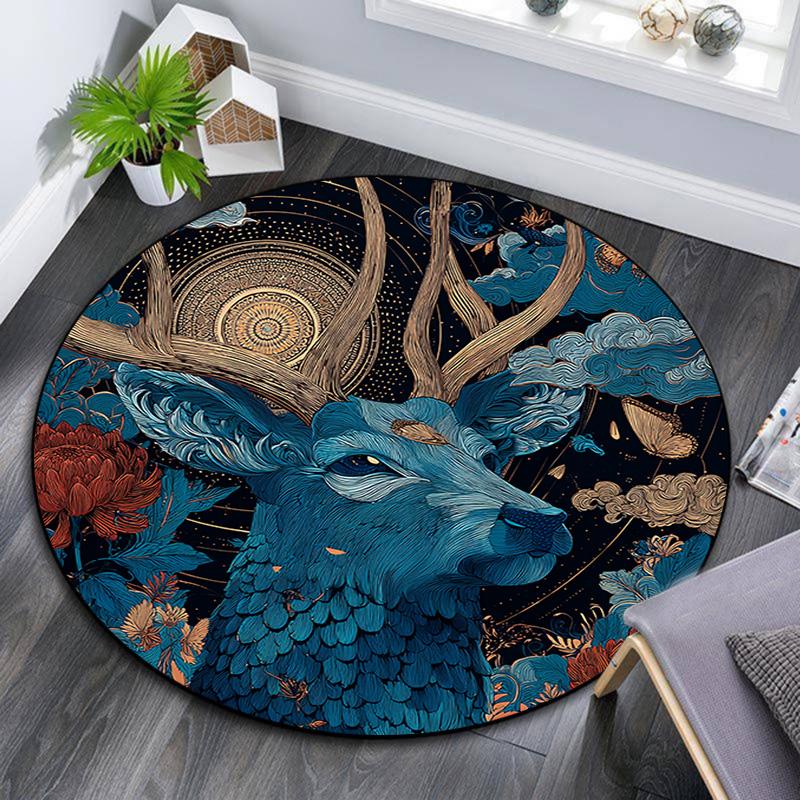 Deer Round Area Rug,Carpet Rug for Living Room Bedroom Sofa Playroom Decor,Non-slip Floor Mat