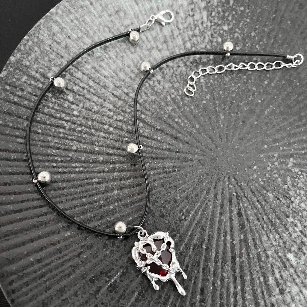 Punk Gothic Red Lava Star Cross Heart Pendant Leather Rope Necklace  Vintage Harajuku Grunge Heart Vortex Sun Charms Chain