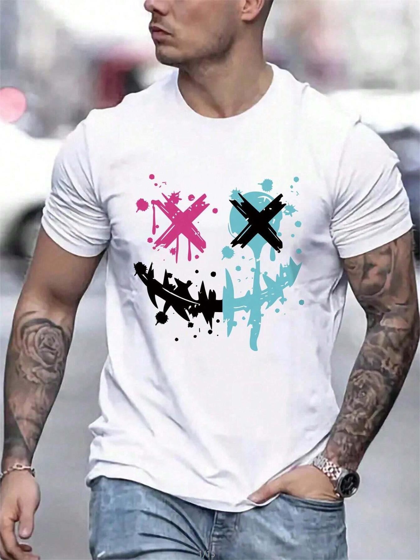 

Summer Men s Trendy Casual Loose Smile Pattern Printed Sports Comfortable Round Neck Short Sleeve T-shirt - Men s Summer Cott... S разноцветный