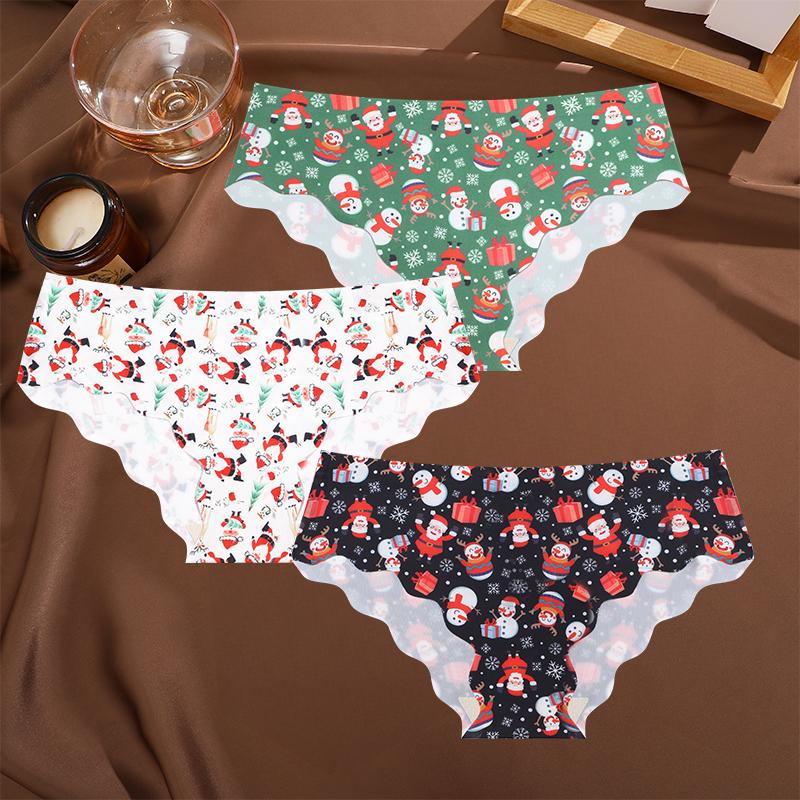 FINETOO 3 buc/set Chiloți pentru Moș Crăciun cu fulg de zăpadă de Crăciun, lenjerie de corp sexy respirabilă pentru damă, cu model ondulat, chiloți Crăciun fericit