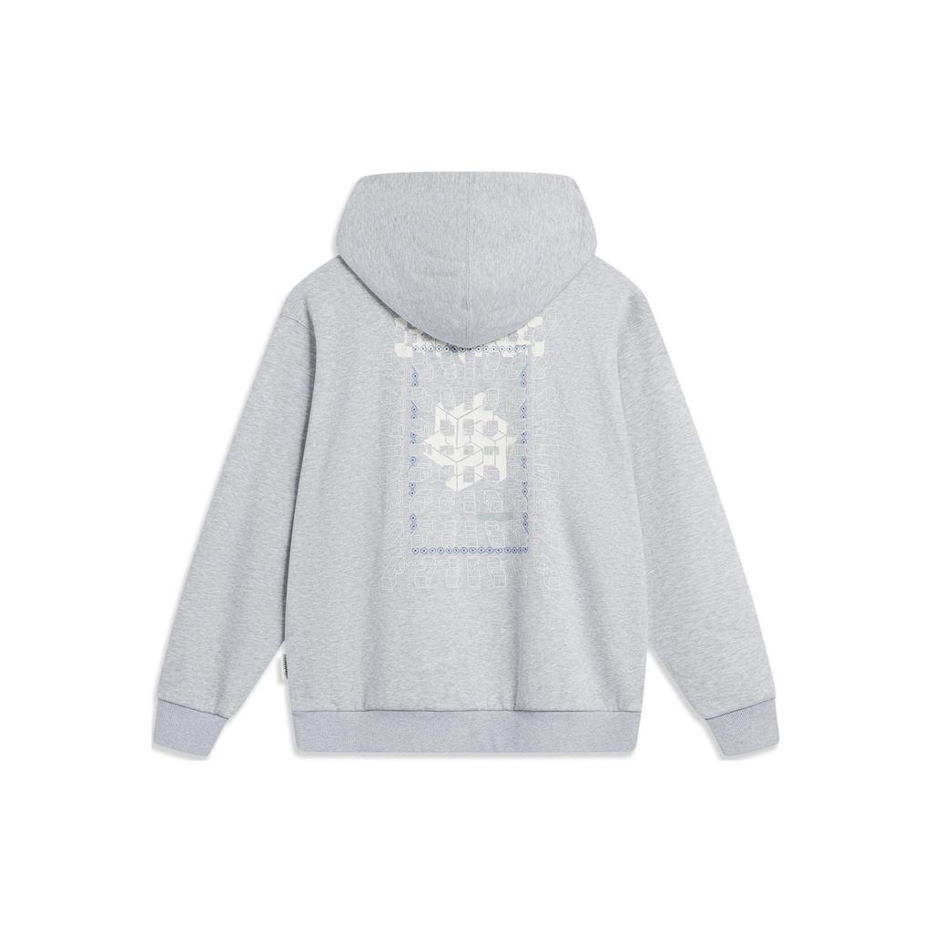 Li Ning Sports Lifestyle Series Chinese Culture Series Pattern Printed Hooded Fleece Loose Pullover Sweatshirt Unisex Sweatshirt Flower-Gray AWDT897-1