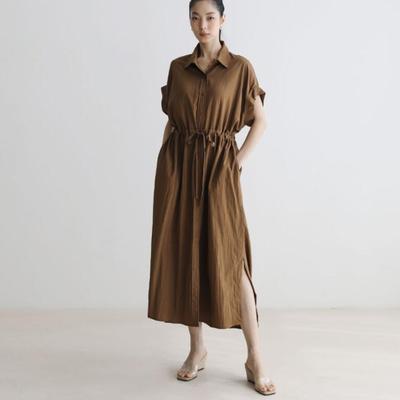 Short-sleeved Shirt Dress Women Korean Loose Drawstring Summer Casual Simple Turn-down Collar Loose Dresses