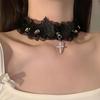 Choker Necklace with Gothic Punk Charm Detail, Adjustable Clavicle Collar Accessory Angel Wing Lace for Women