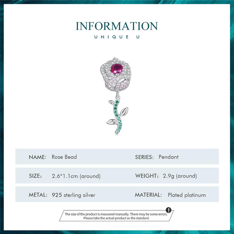 BAMOER 925 Sterling Silver Pink Zircon Rose Flower Bead Charms for Women Original Bracelet Bangle Necklace DIY Jewelry