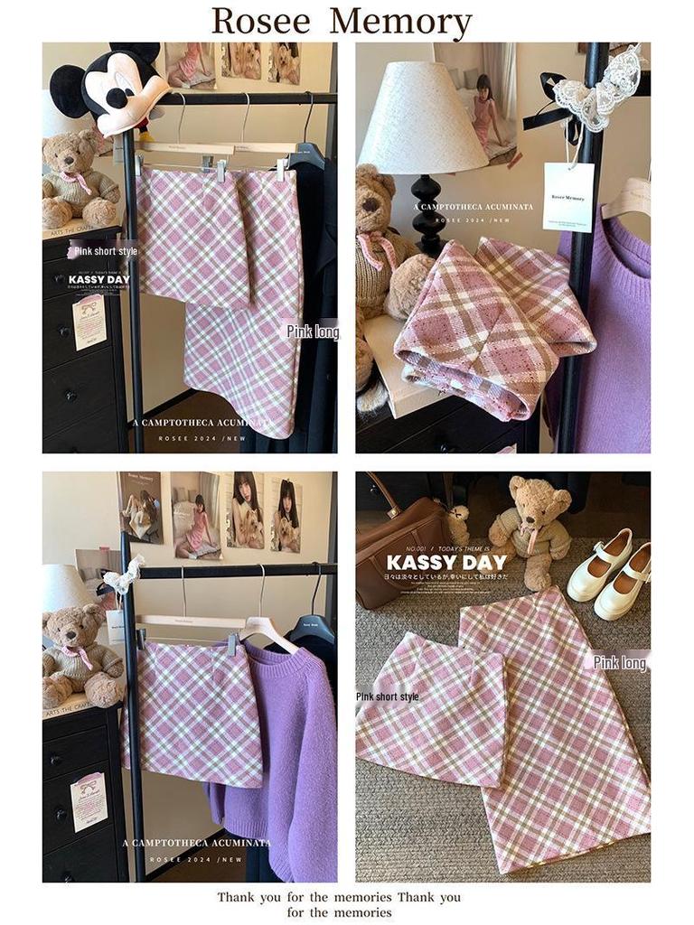 Academy Style Pink Plaid A-line Wool Skirt - Hip-Hugging for Spring & Autumn
