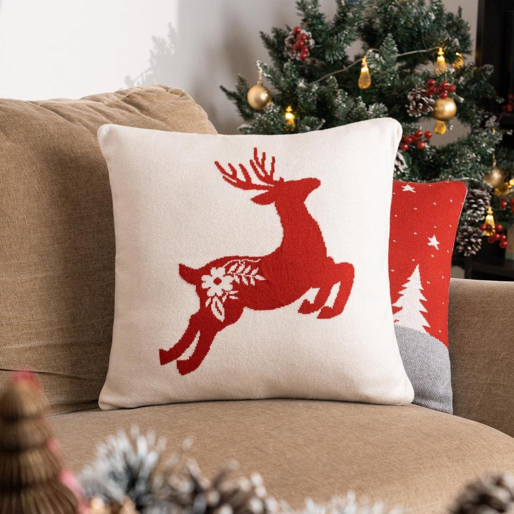 Decorative Embroidered Cushion Cover | Knitted Christmas Winter Pillow Cushion Cover for Sofa Living Room | 16inch x 16inch | Rudolph