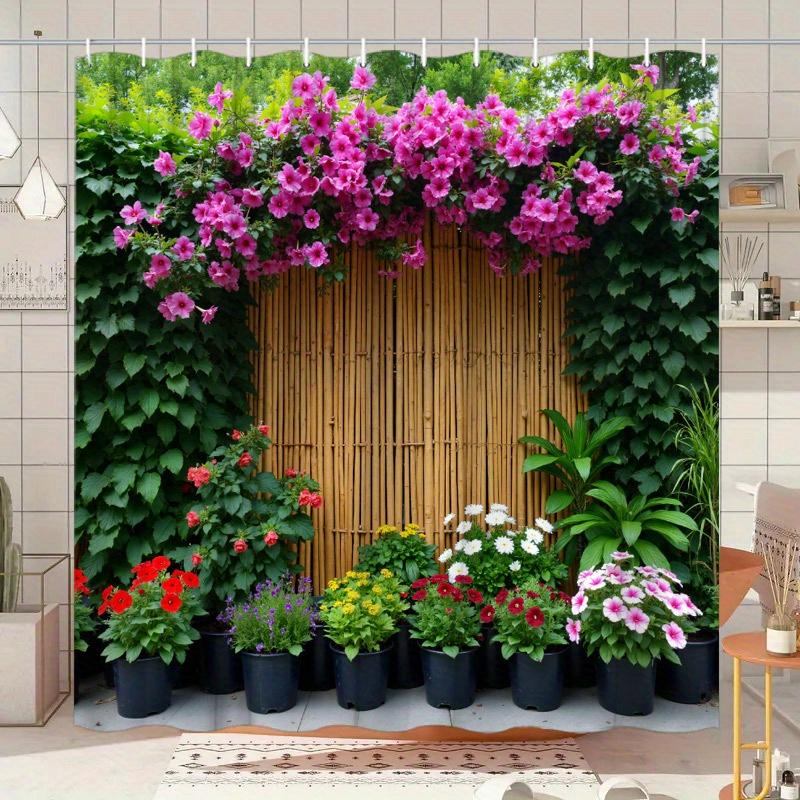 Colorful Flowers and Bamboo Waterproof Shower Curtain for Bathroom Decor, Nature-Inspired Design, Vibrant Colors, Unique Style